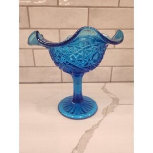 Vintage Blue Pressed Glass Blue Ruffle Edge Pedestal Compote Candy Dish Bowl‎